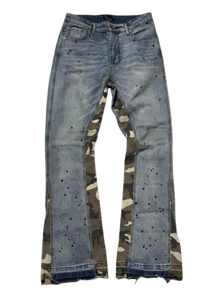 Woodland Camo Paneled Distressed Flare Jeans